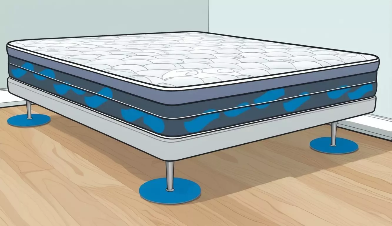 A mattress is shown with non-slip pads or grippers placed underneath it, preventing it from sliding on the bed frame