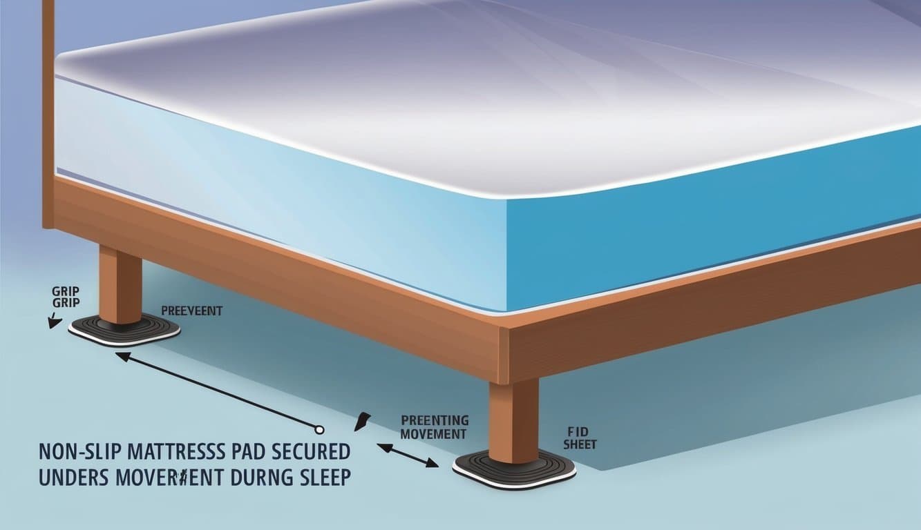 A non-slip mattress pad secured under a fitted sheet, with rubberized grips underneath, preventing movement during sleep