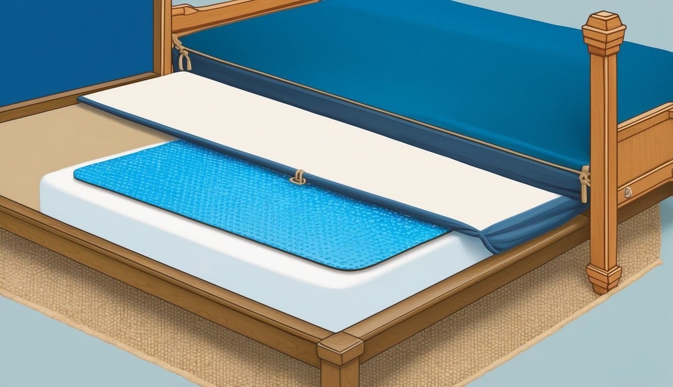 A non-slip mattress pad securely anchors beneath a fitted sheet on a bed frame with specialized bedding accessories