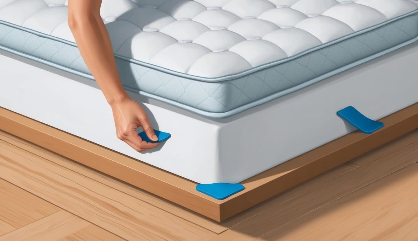 A person placing non-slip pads or grippers under the corners of a mattress to prevent it from sliding on the bed frame