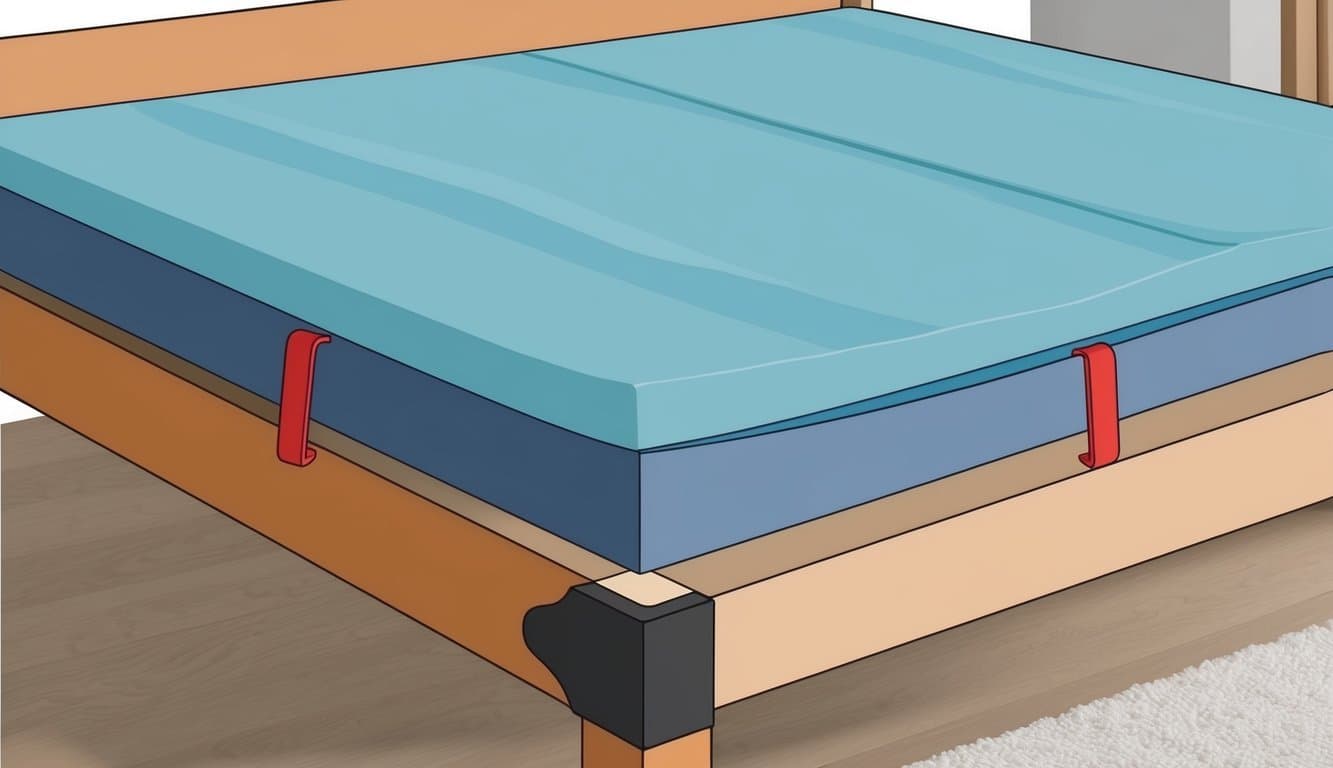 A non-slip mattress pad placed under a mattress on a bed frame with rubberized grips preventing sliding