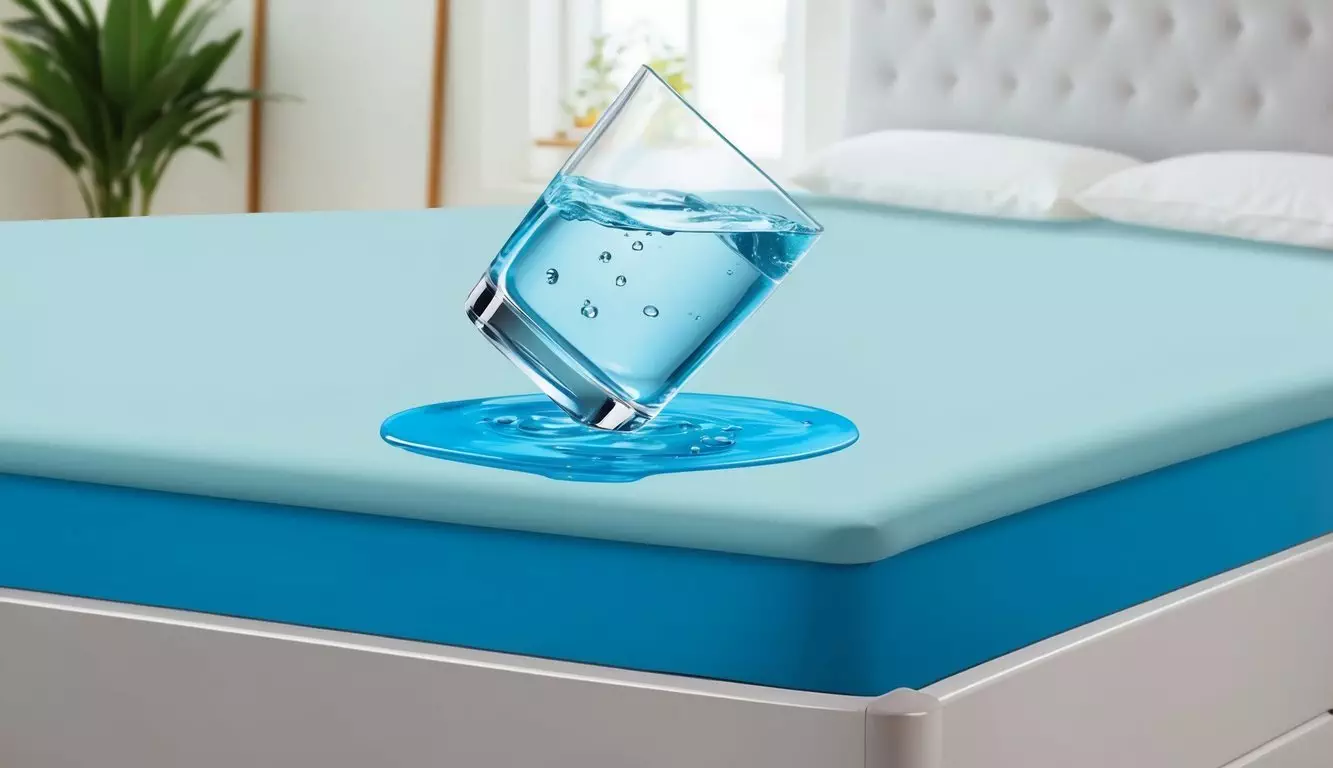 A waterproof mattress protector covering a bed, with a spilled glass of water on top