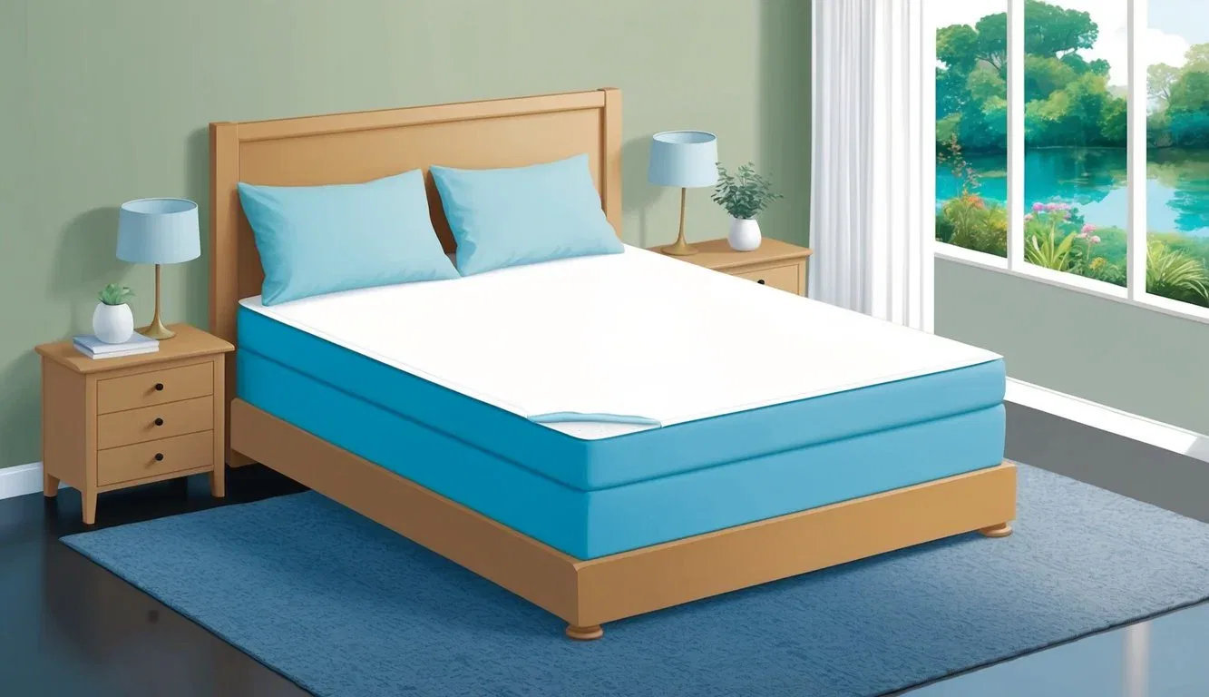 A serene bedroom with a comfortable bed and a waterproof mattress protector neatly fitted over the mattress, providing protection against bedwetting