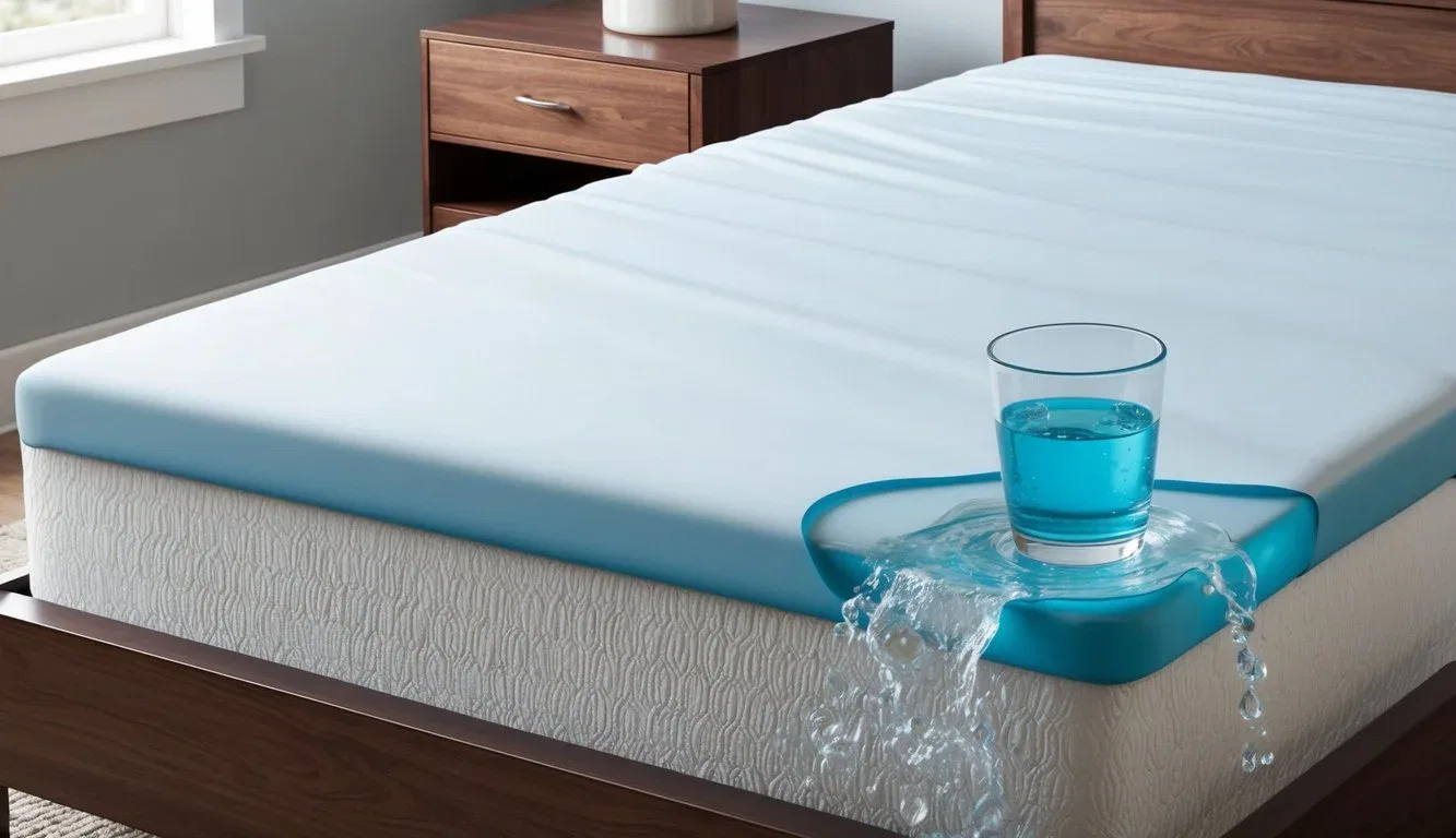 A waterproof mattress protector covering a bed, with a spilled glass of water next to it