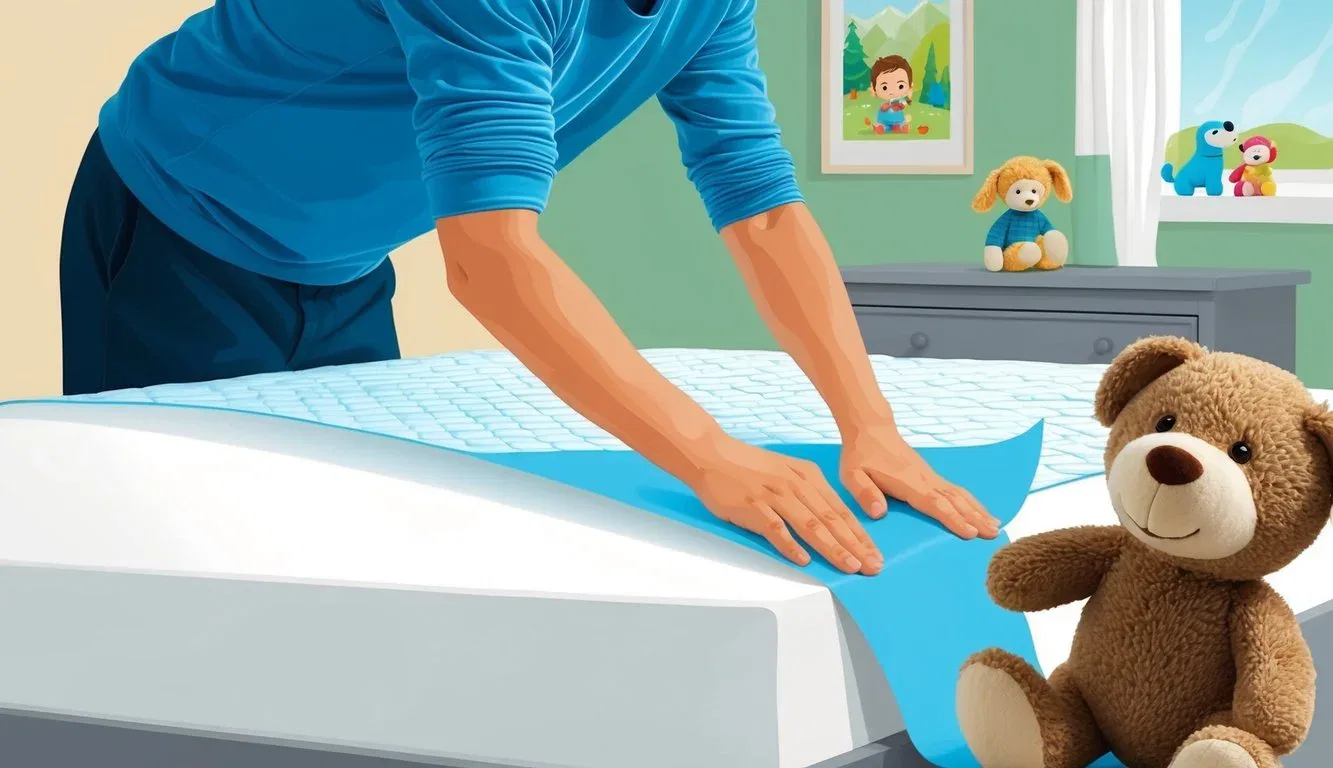 A waterproof mattress protector being applied to a bed, with a child's stuffed animal nearby