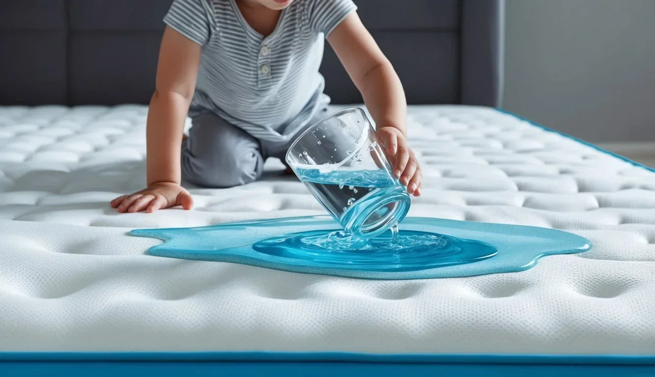 A child spills a glass of water on a waterproof mattress, but the liquid beads up and rolls off, leaving the mattress dry and undamaged