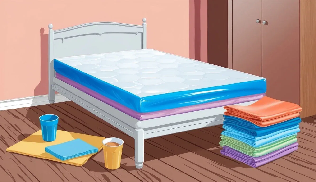 A child's bed with a waterproof mattress protector, surrounded by a spill-proof cup and a stack of clean sheets