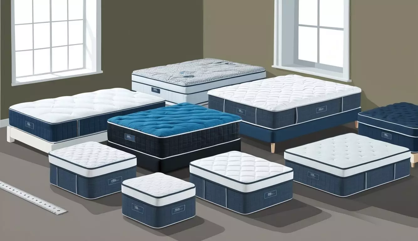 A bedroom scene with various mattresses in different sizes arranged neatly on a floor or bed frame, with a ruler or measuring tape nearby for reference