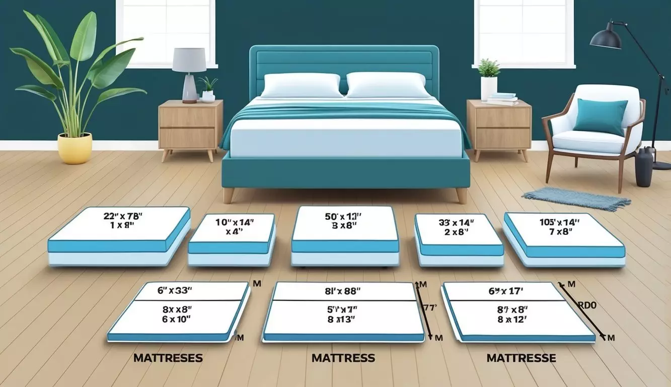 A bedroom with a bed and various mattresses in different sizes arranged neatly on the floor, with a chart or diagram showing the dimensions of each size