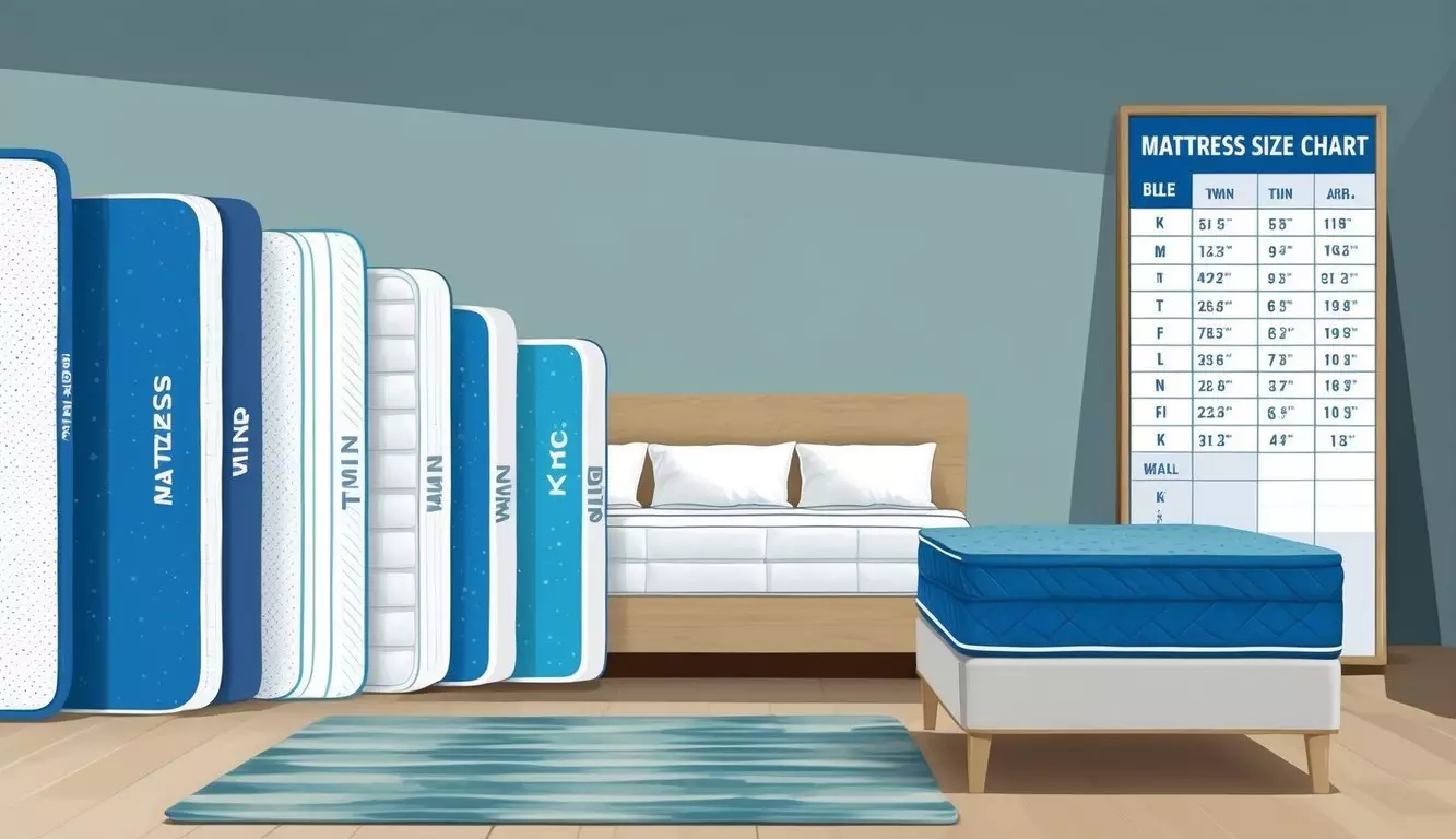 A bedroom with various mattress sizes lined up against a wall, ranging from twin to king, with a mattress size chart displayed nearby