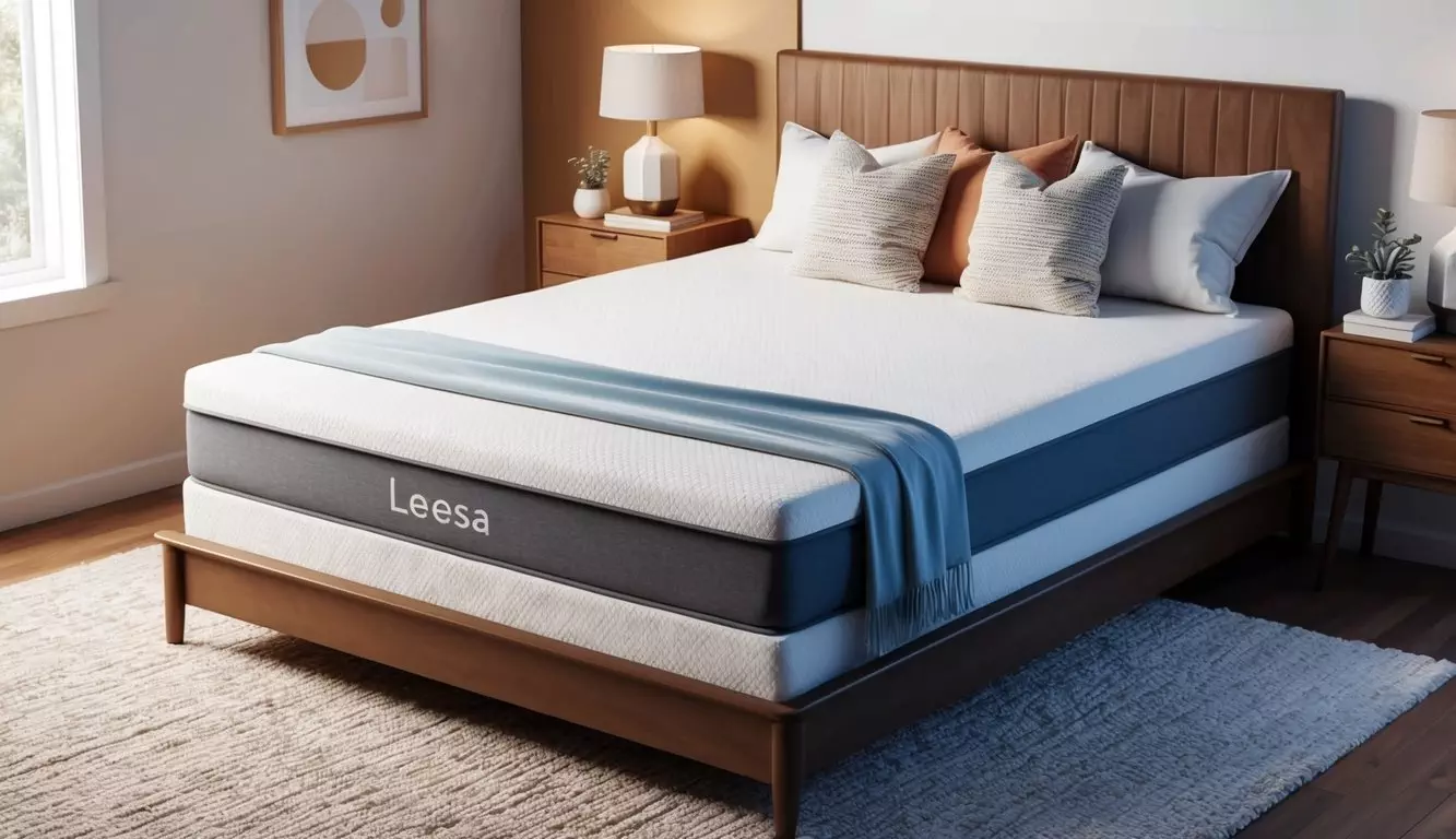 A bedroom with a neatly made bed featuring a Leesa mattress, surrounded by soft, cozy pillows and a warm, inviting ambiance