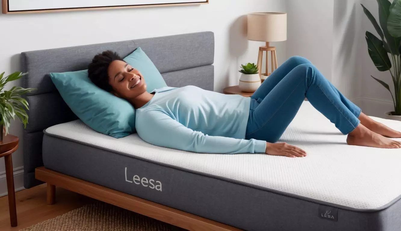 A person lying comfortably on a Leesa mattress, with a relaxed and content expression on their face