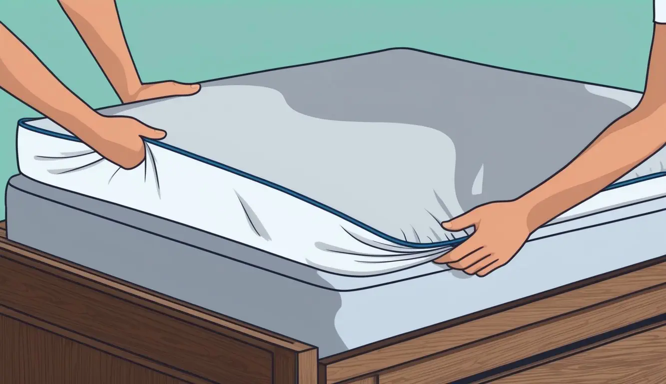 A mattress protector being placed over a mattress, with elastic edges securing it in place