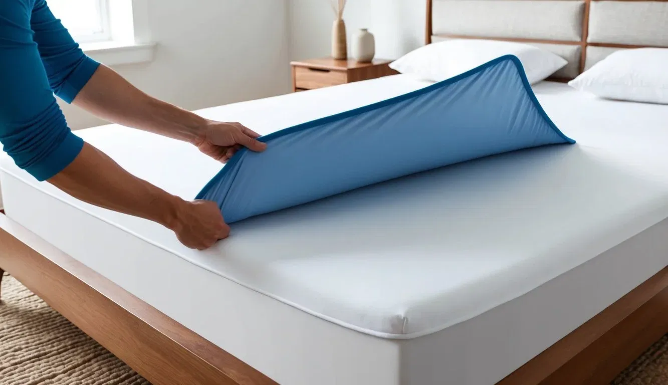 A mattress protector being placed on a bed, with elastic edges stretching to fit the mattress snugly
