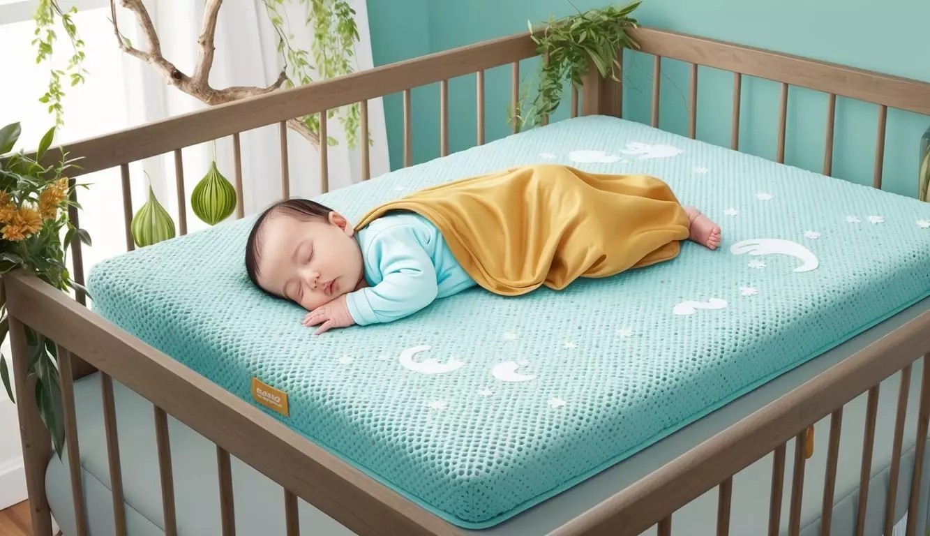 A peaceful baby sleeping on a cozy, breathable organic crib mattress surrounded by nature-inspired decor