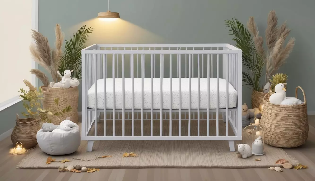 A serene nursery with a soft, organic crib mattress surrounded by natural elements and gentle lighting