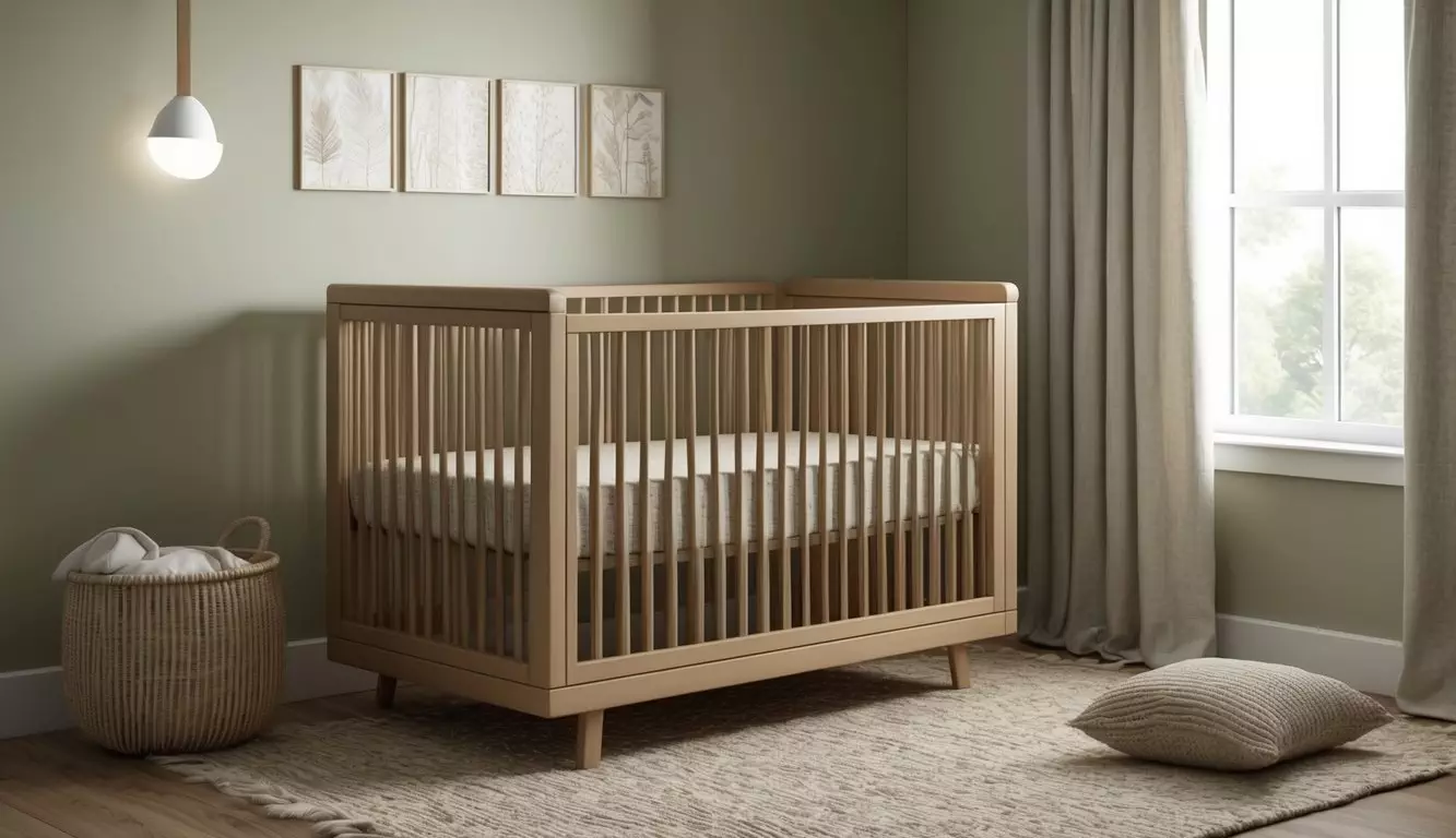 A peaceful nursery with a cozy crib featuring a natural, organic mattress. Soft, earthy tones and gentle lighting create a serene atmosphere