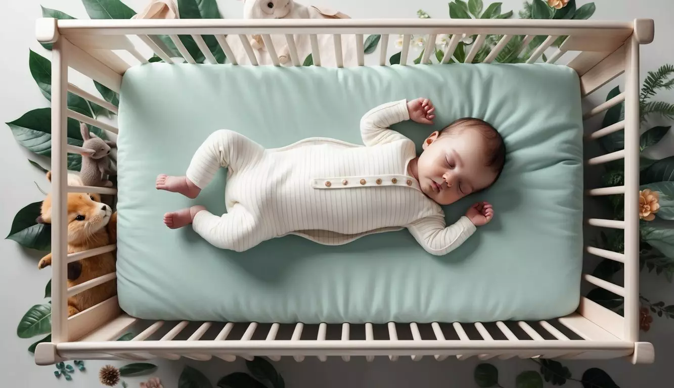 A peaceful baby sleeping on a cozy organic crib mattress, surrounded by natural elements like flowers, leaves, and animals