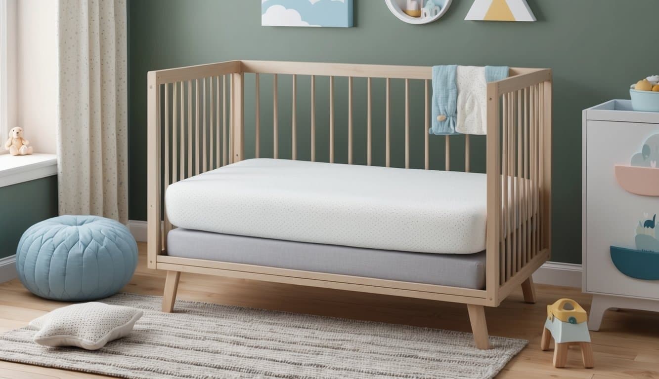 A cozy nursery with a soft, breathable organic crib mattress, surrounded by child-safe decor and soothing colors for a peaceful sleep environment