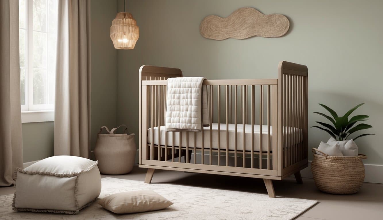 A serene nursery with a cozy crib featuring a natural, organic mattress. Soft, earthy tones and gentle lighting create a calming atmosphere