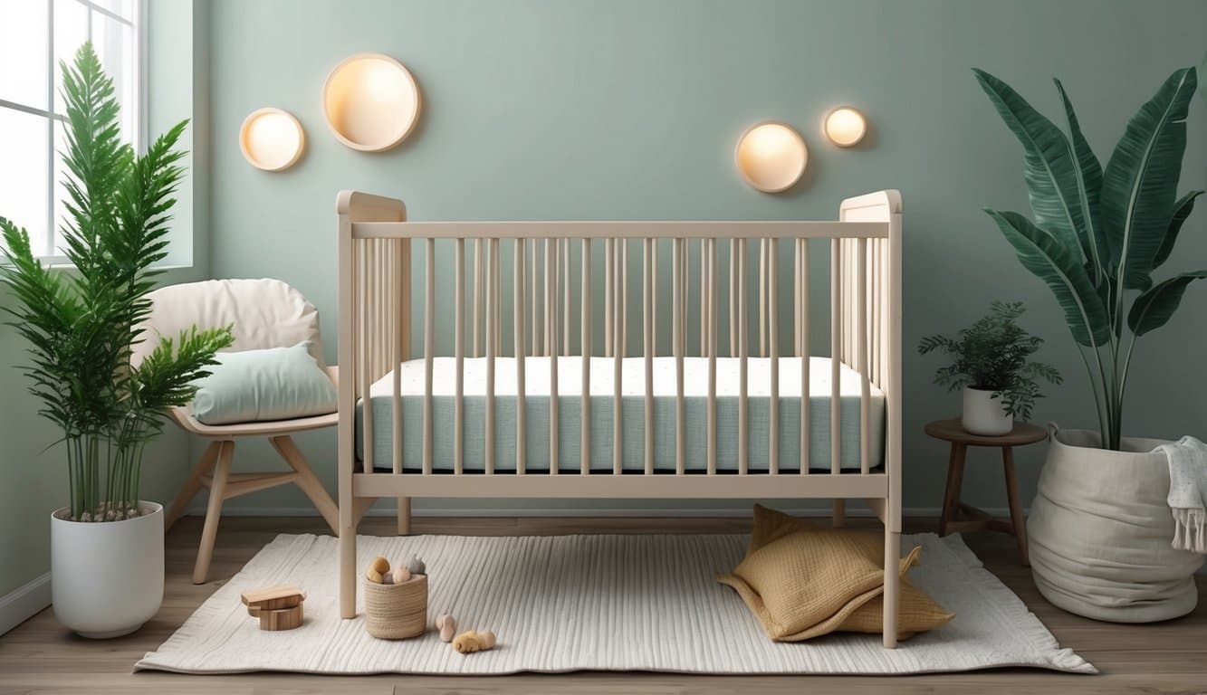 A serene nursery with a cozy, organic crib mattress surrounded by gentle, natural elements like plants and soft lighting