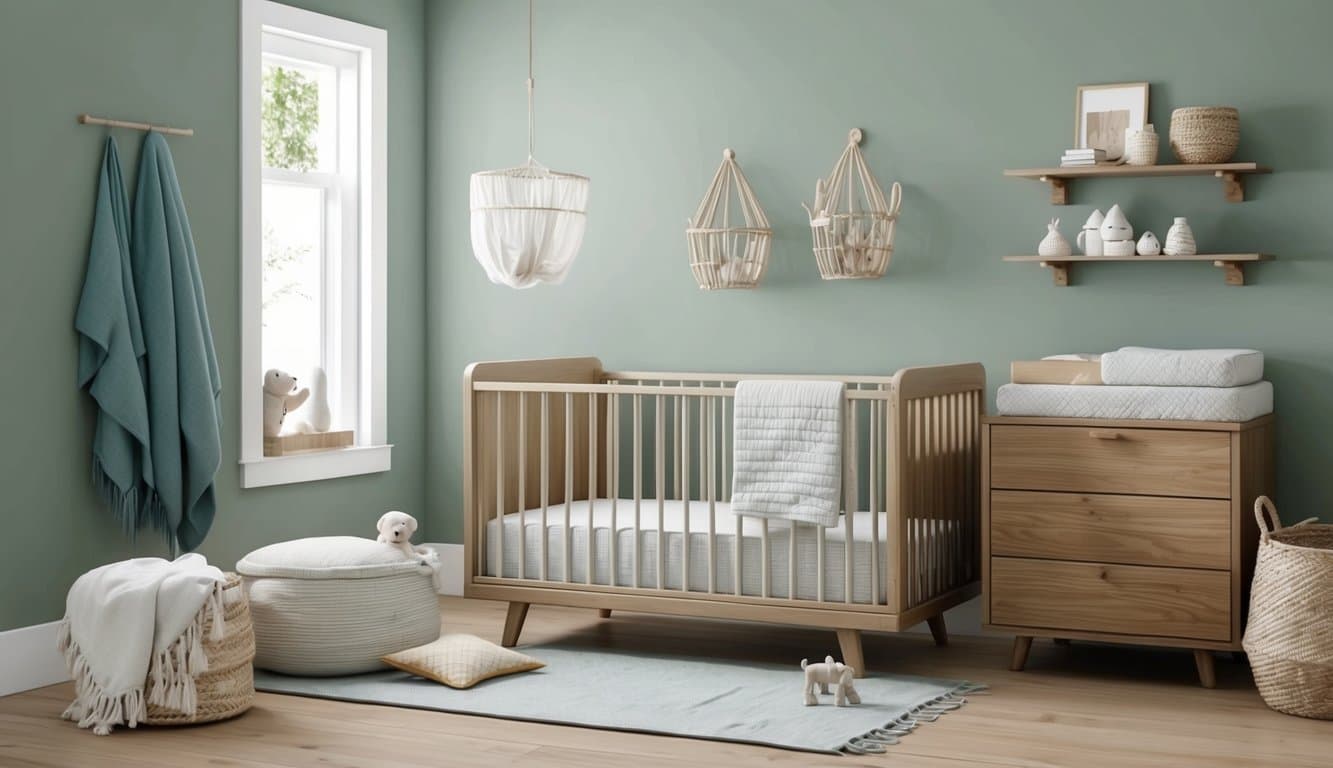 A serene nursery with a cozy crib featuring an organic mattress. Soft, natural materials and a peaceful atmosphere