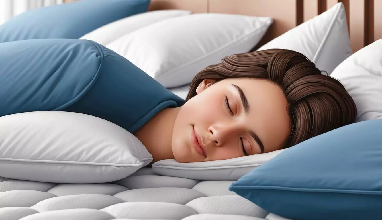 A person lying on a supportive mattress, surrounded by pillows, with a serene expression on their face