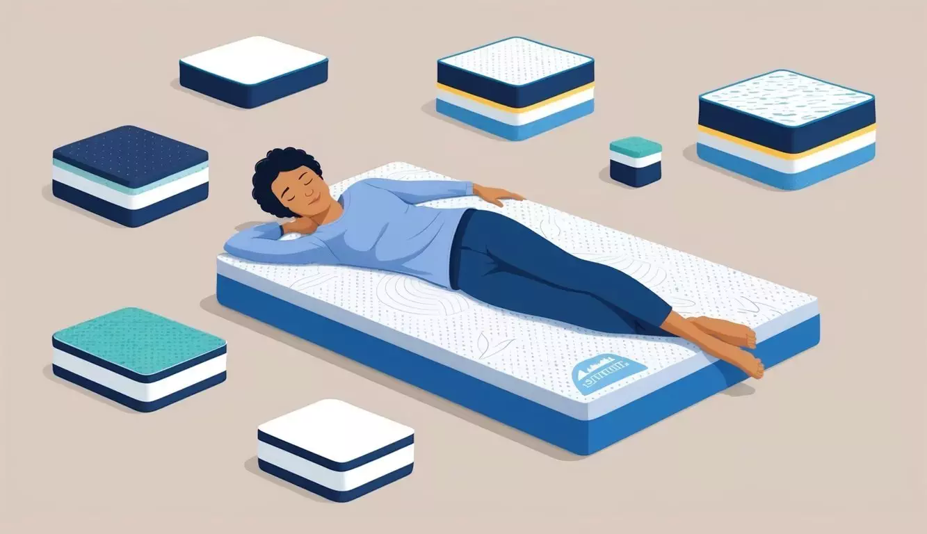 A person with sciatica lying comfortably on a memory foam mattress, surrounded by various mattress types such as latex and hybrid, with a peaceful expression on their face