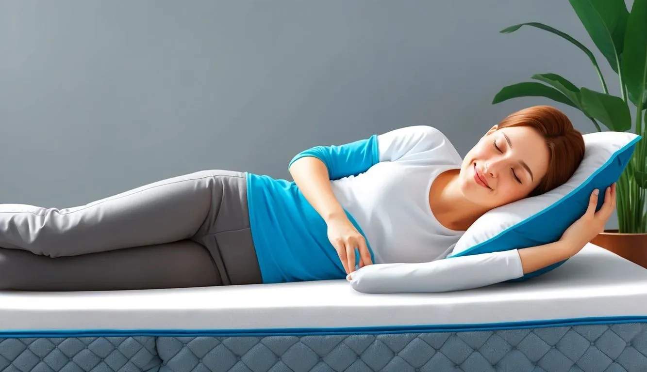 A person lying comfortably on a supportive mattress, with a relieved expression on their face