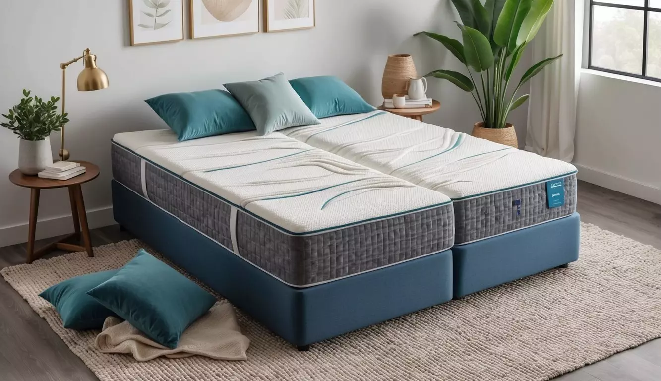 A mattress with ergonomic design and lumbar support, surrounded by pillows and a cozy blanket for sciatica relief