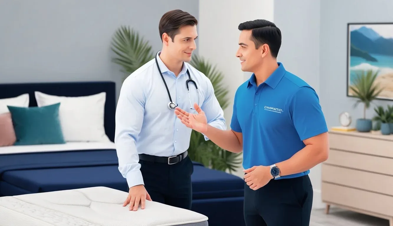 A chiropractor and a mattress specialist discussing features and benefits of a supportive mattress for sciatica relief
