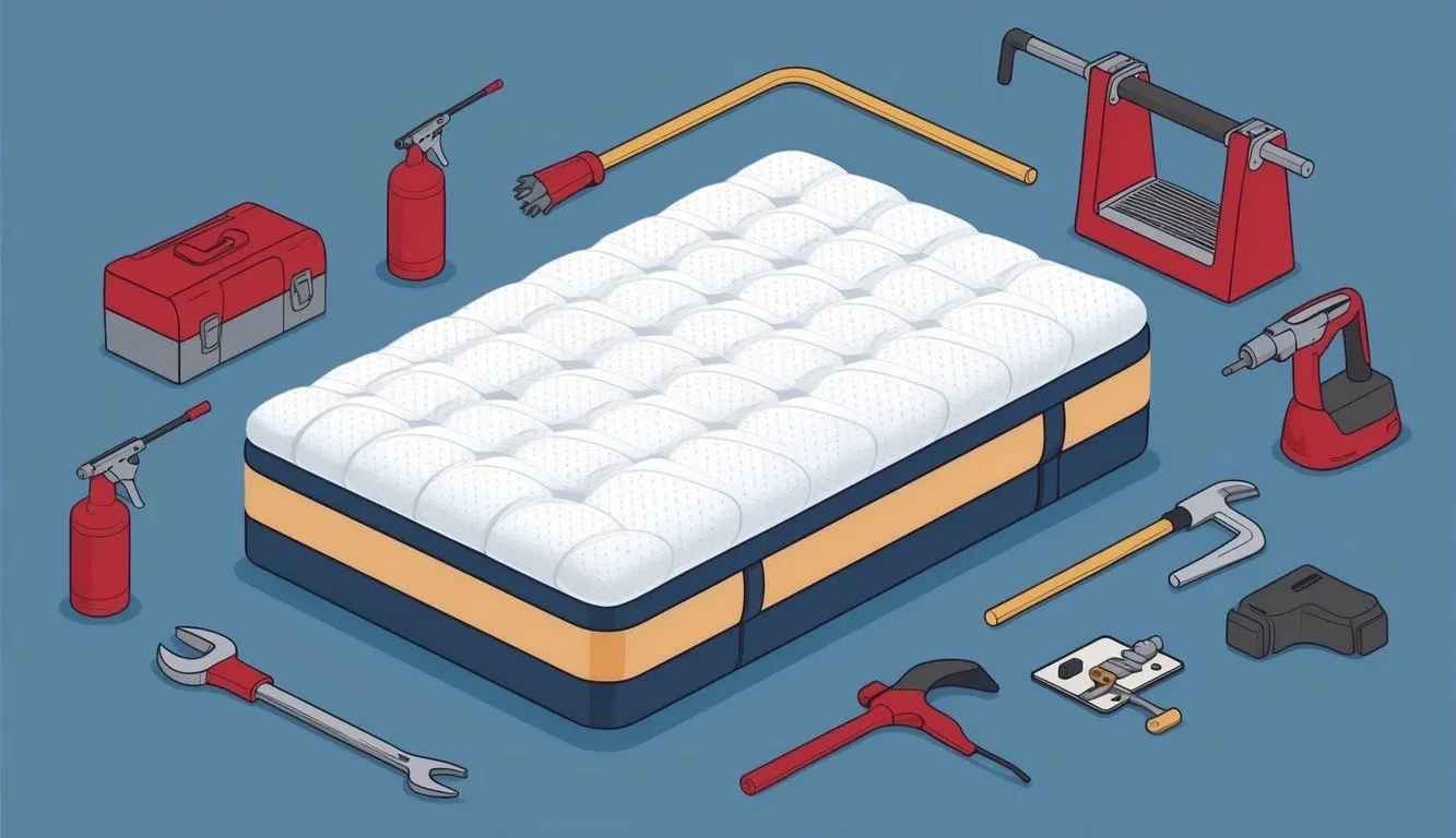 A mattress with proper support and durability, surrounded by tools and maintenance equipment