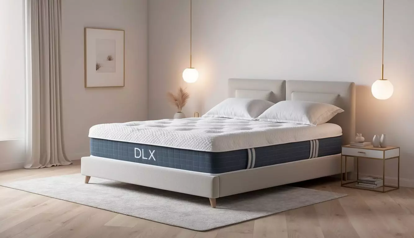 A serene bedroom with a plush DLX mattress as the focal point, surrounded by soft, ambient lighting and minimalist decor