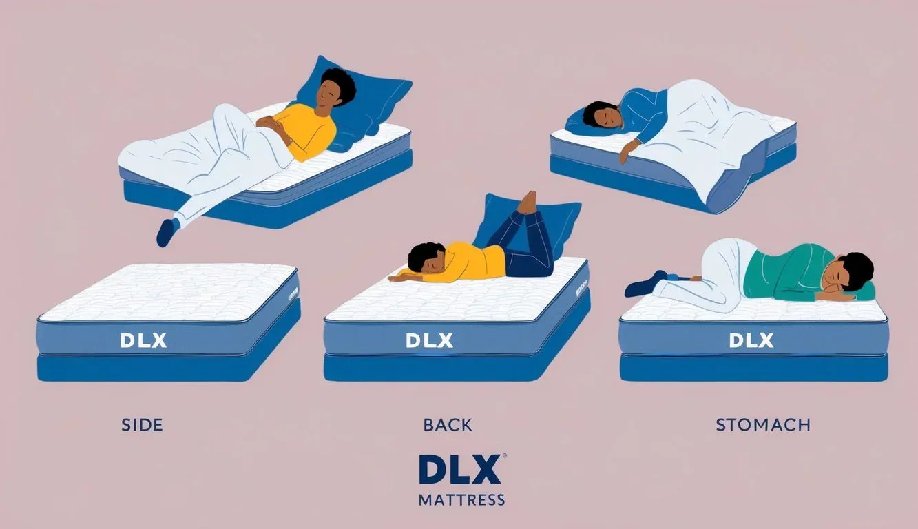 A person lying on their side, a person lying on their back, and a person lying on their stomach, all comfortably sleeping on the DLX mattress
