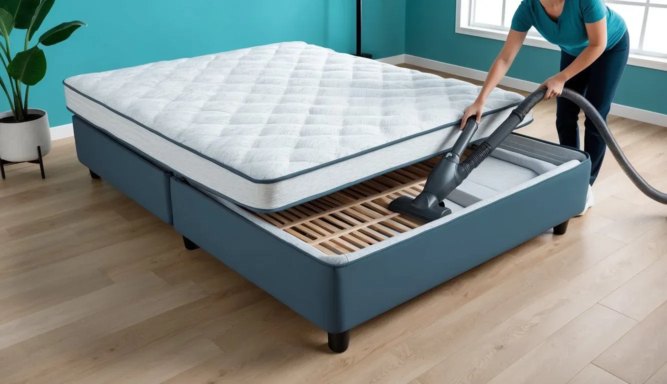 A sturdy mattress being flipped and rotated, with a person cleaning and vacuuming the surface