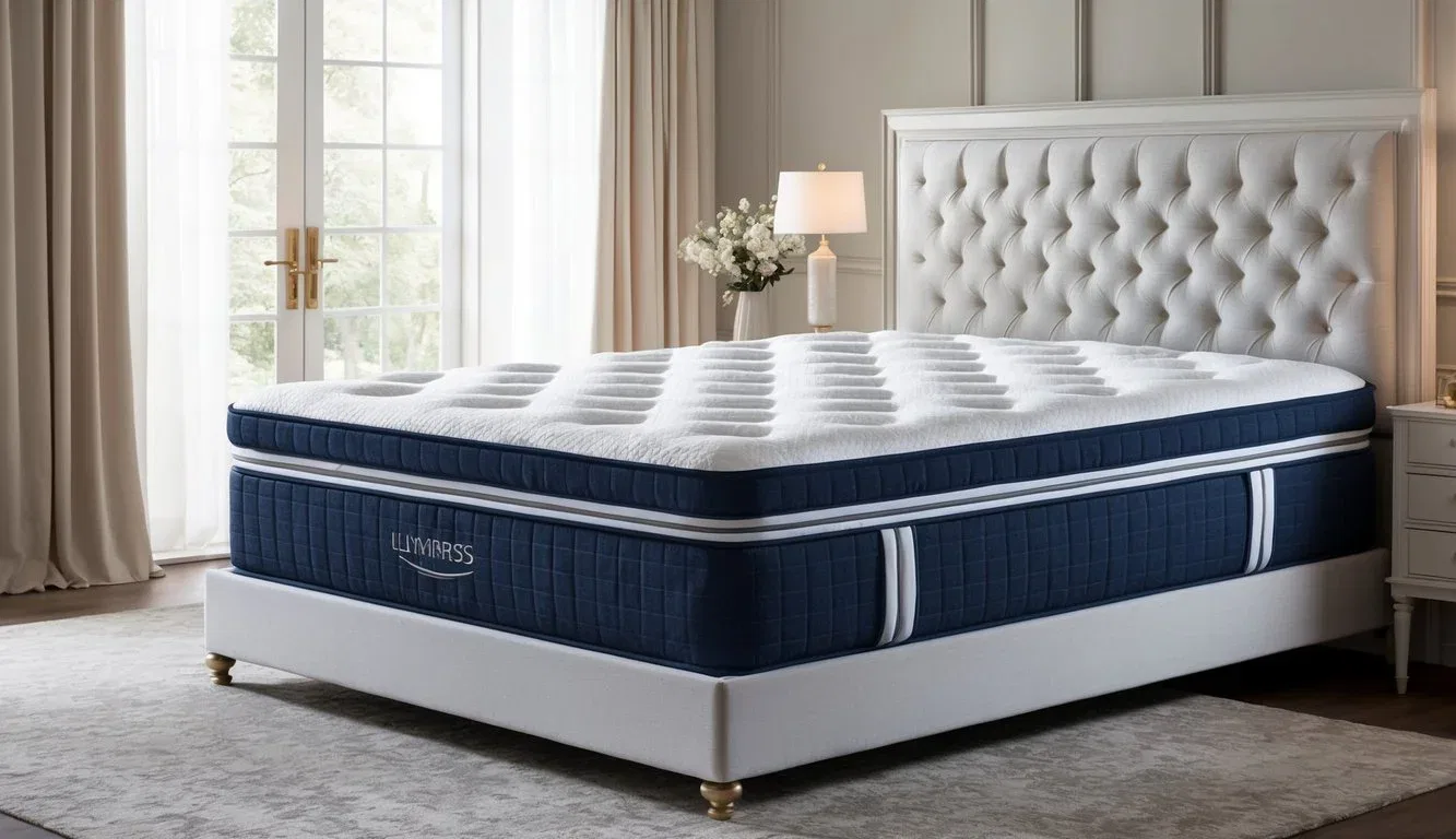 A luxurious mattress with plush layers and supportive coils, set against a backdrop of a serene bedroom with soft lighting and elegant decor