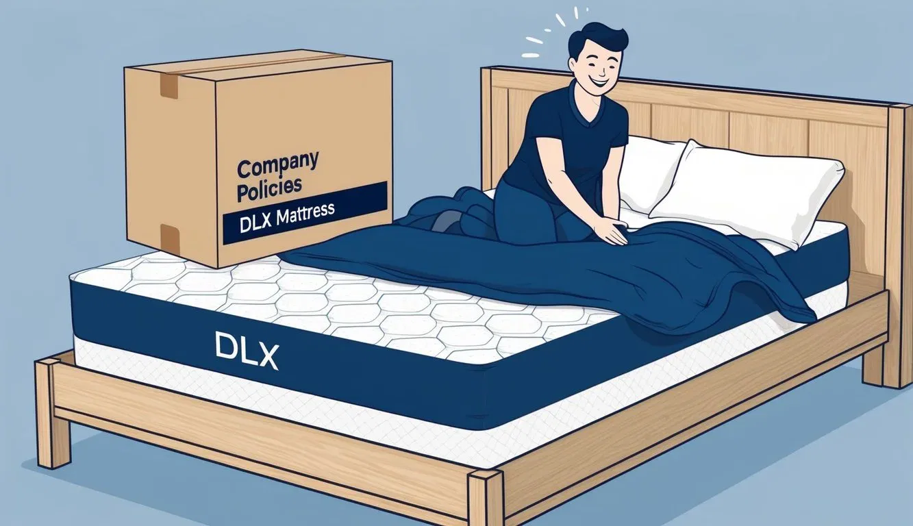 A person unboxing a Company Policies dlx mattress, laying it out on a bed frame, and testing its comfort with a satisfied expression