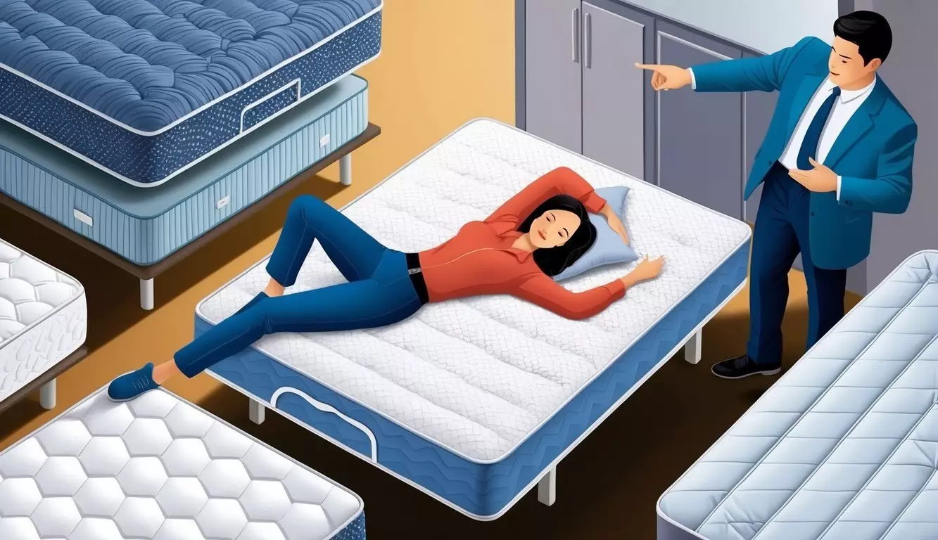 A person lying on a mattress, surrounded by various mattress options and a salesperson pointing to different features