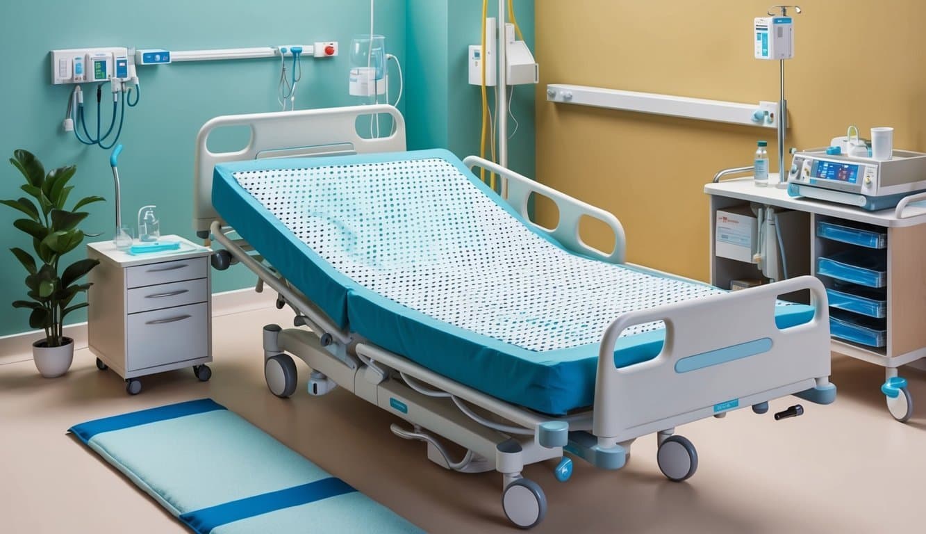 A hospital bed with a specialized alternating pressure mattress, surrounded by medical equipment and a comfortable, calming environment