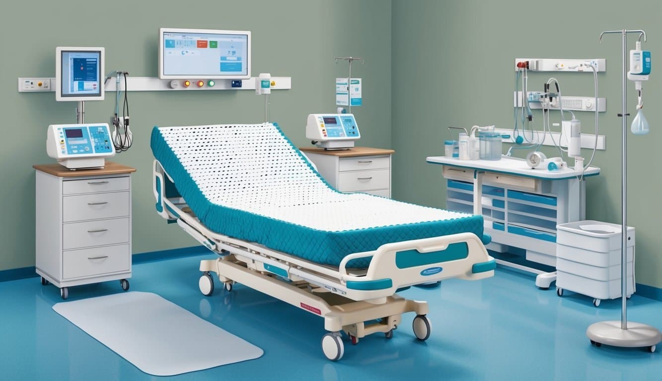 A hospital room with a bed equipped with an alternating pressure mattress, surrounded by medical equipment and a calm, organized environment