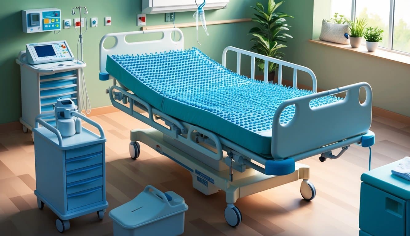 A hospital bed with an alternating pressure mattress, surrounded by medical equipment and a peaceful, serene environment