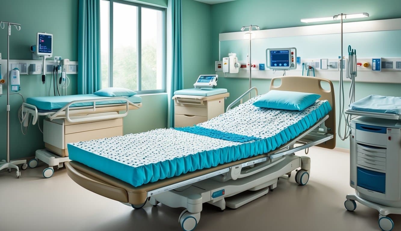 A hospital room with a bed equipped with an alternating pressure mattress, surrounded by medical equipment and a calm, soothing atmosphere