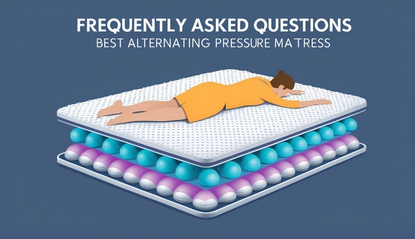A person lying on a mattress, with alternating air pockets visible underneath the surface. The mattress is labeled