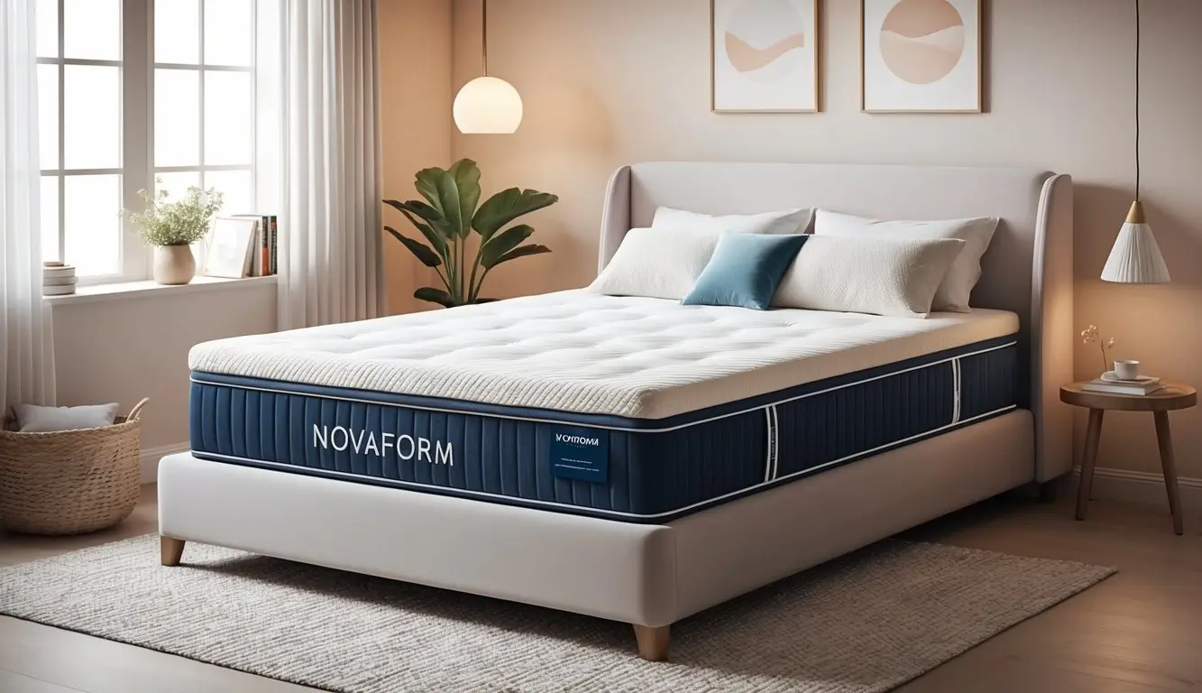A peaceful bedroom with a neatly made bed featuring a Novaform mattress, surrounded by soft lighting and a cozy atmosphere