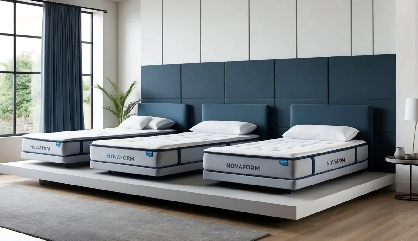 A bedroom with a lineup of novaform mattresses of varying sizes and firmness, displayed on a clean, modern platform bed frame