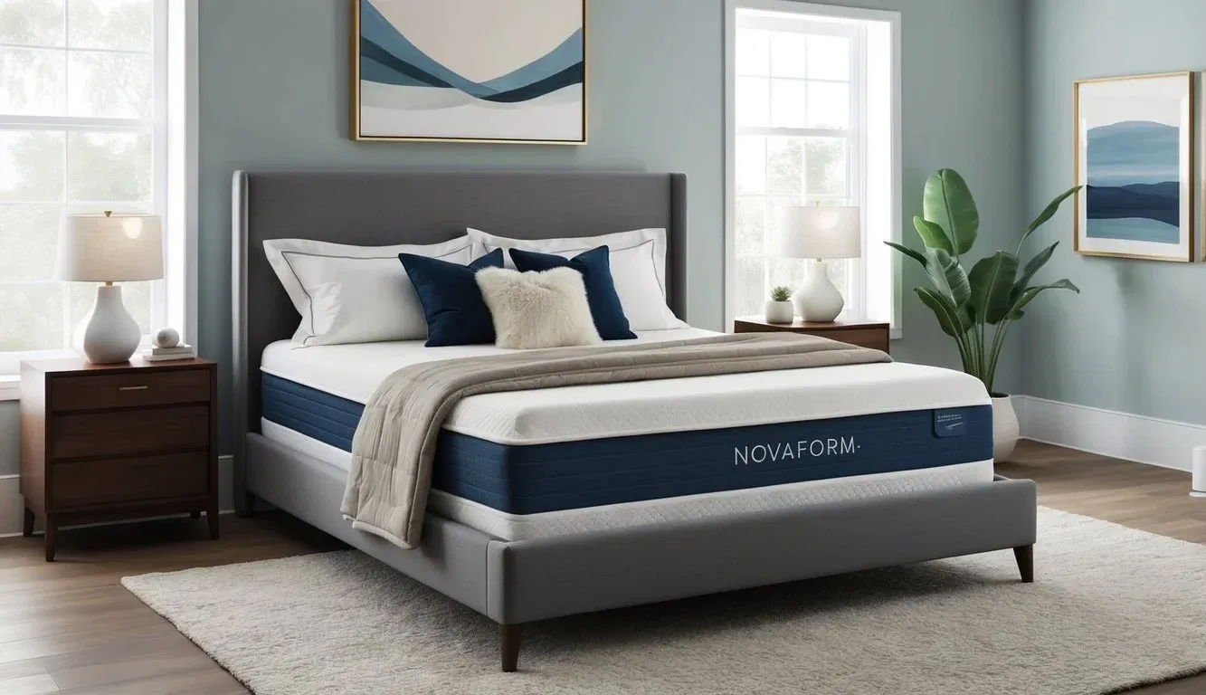 A serene bedroom with a neatly made bed featuring a Novaform mattress, adorned with plush pillows and a cozy comforter