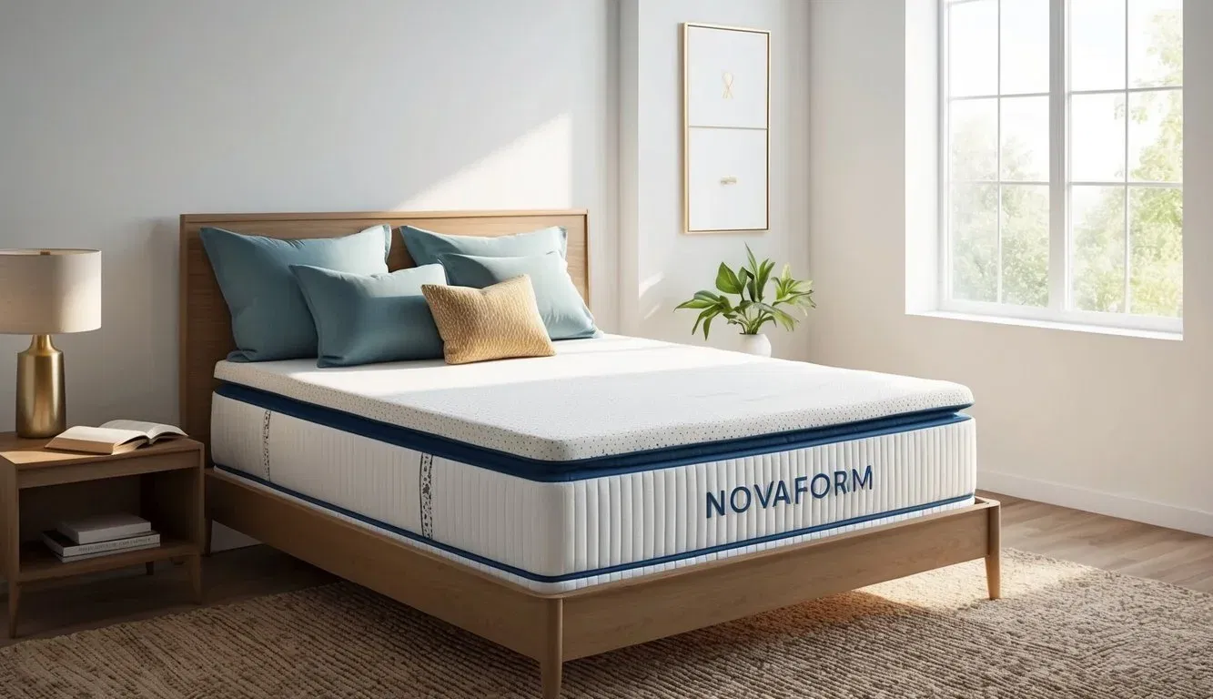 A bedroom with a neatly made bed featuring a Novaform mattress. A bedside table holds a lamp and a book, while sunlight streams through the window