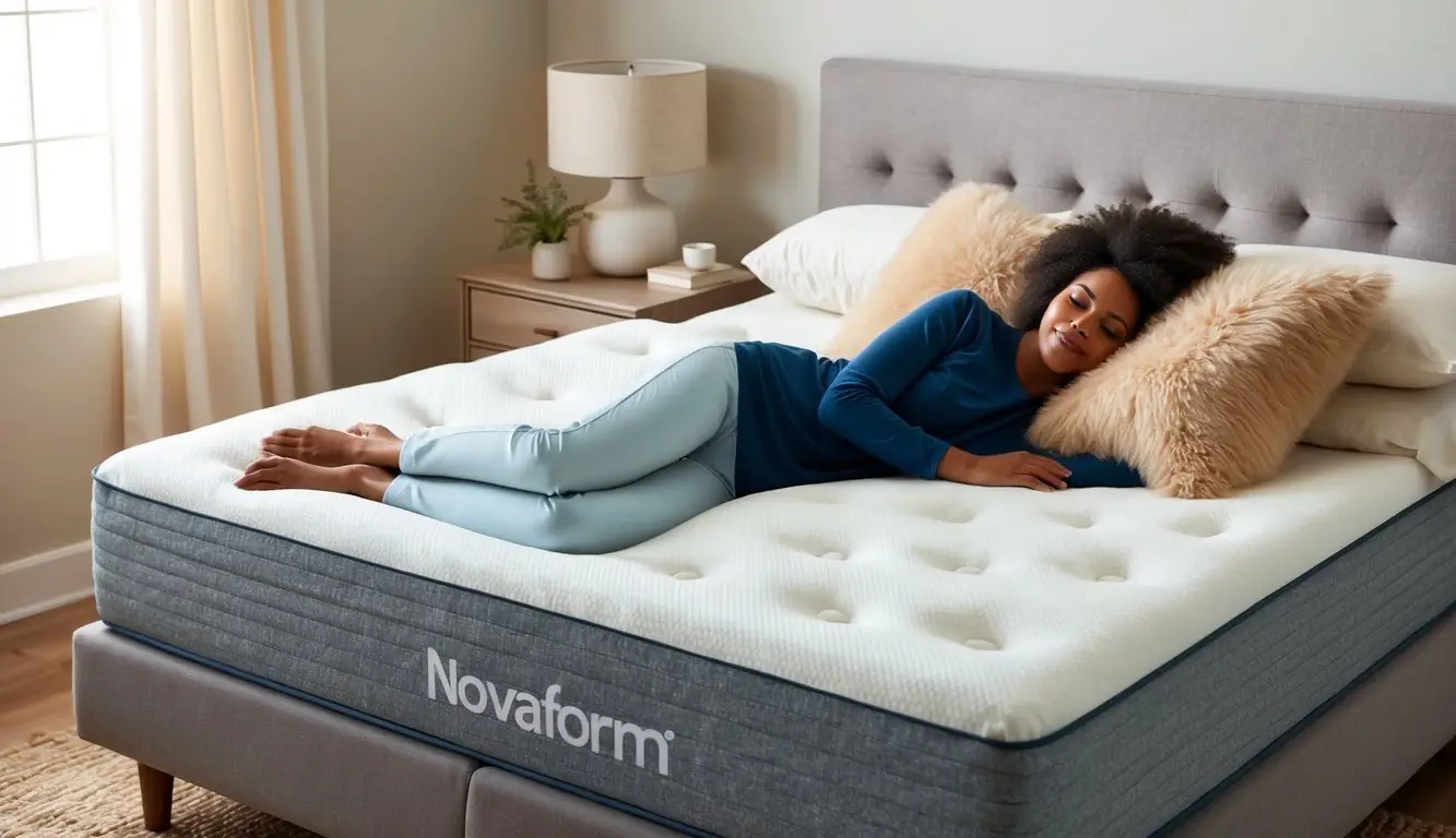 A person lying comfortably on a Novaform mattress, surrounded by fluffy pillows and a cozy blanket. The room is softly lit and inviting, creating a serene and peaceful atmosphere