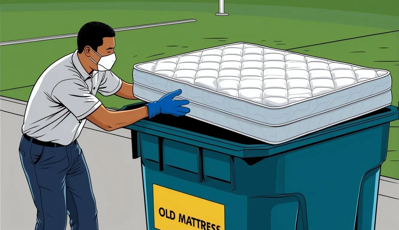 A person wearing gloves and a mask places an old mattress into a designated disposal area, following health and safety guidelines