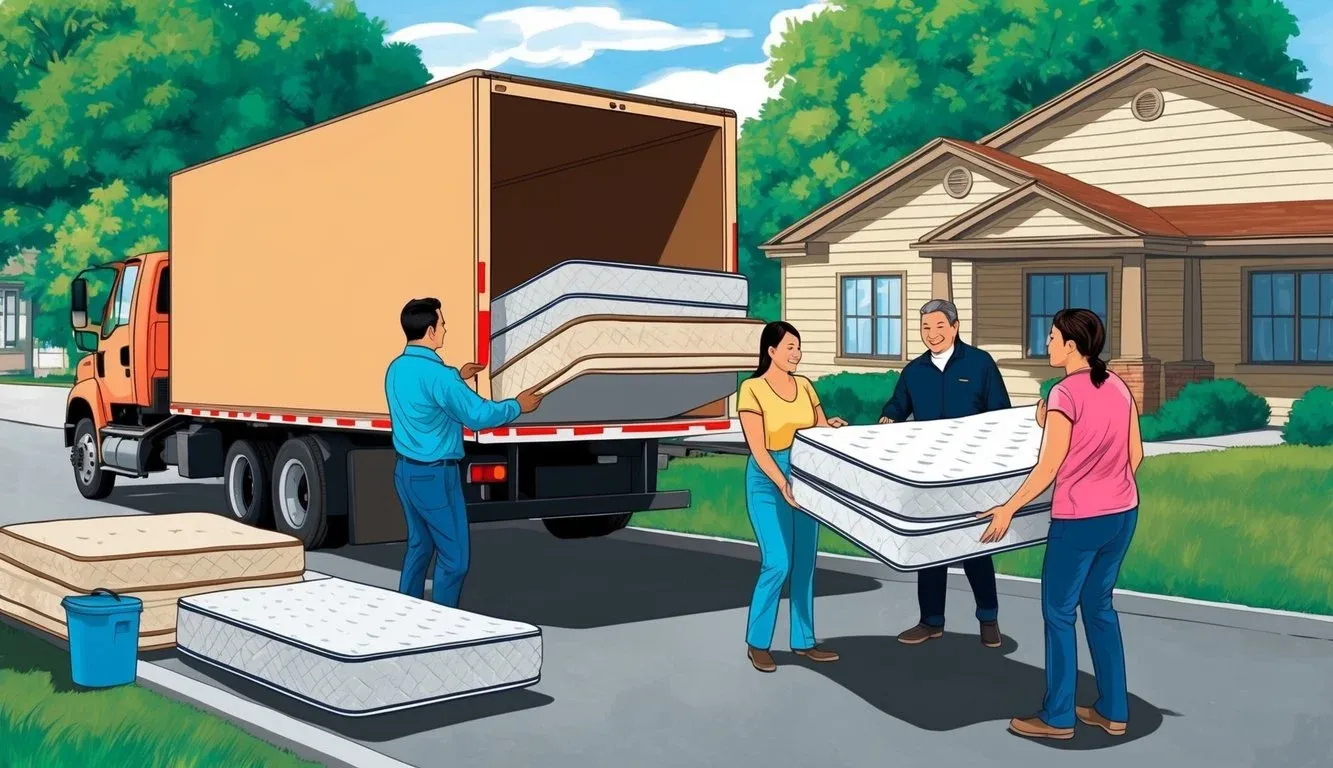 A group of people dropping off old mattresses at a designated community disposal site